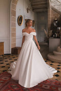 Satin Princess Wedding Dresses A Line Off The Shoulder Bride Dress Pleats Wedding Gowns