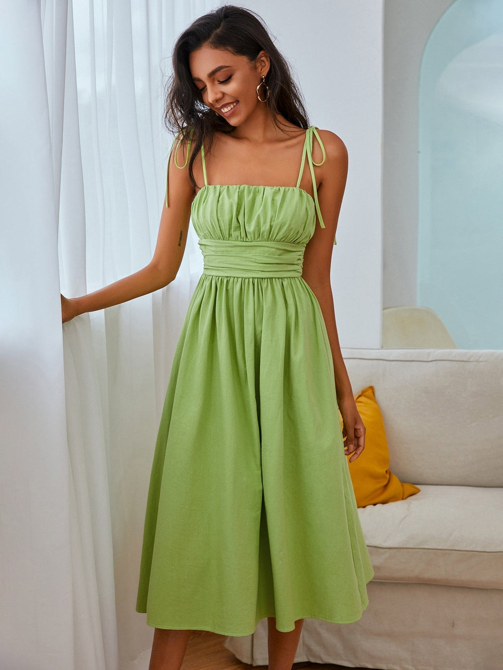 Knot Straps Ruched Bust Cami Dress