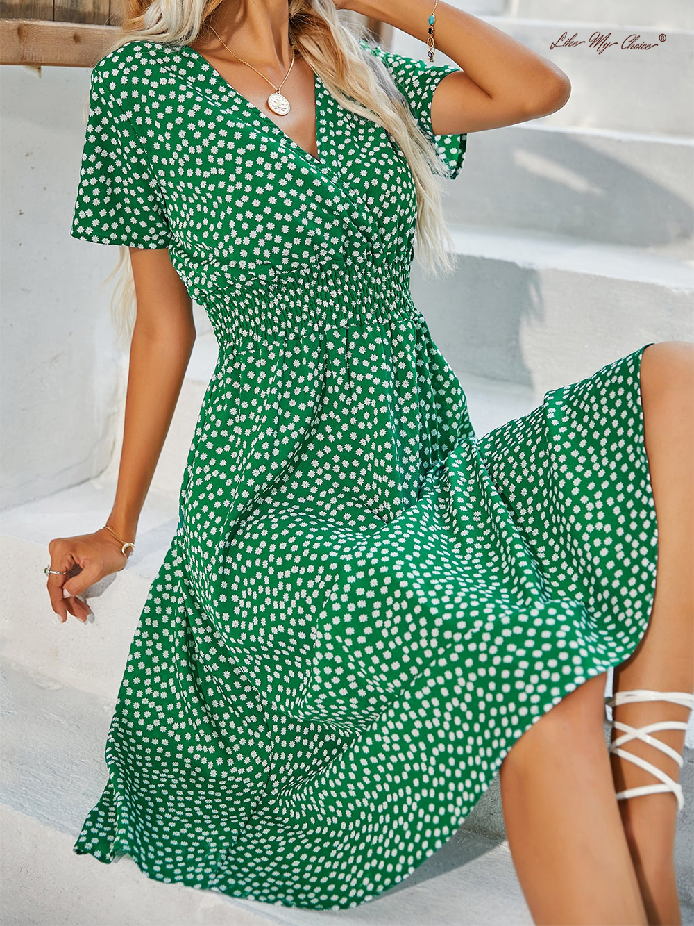 V neck Polka Dot Crushed Flower Short Sleeve Dress