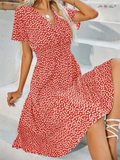 V neck Polka Dot Crushed Flower Short Sleeve Dress