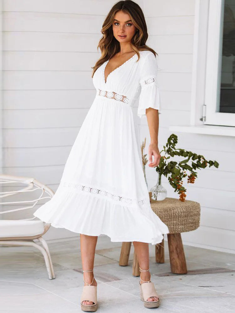 2024 V Neck Lace Splice Boho Midi Dress