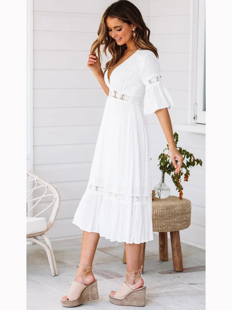 2024 V Neck Lace Splice Boho Midi Dress