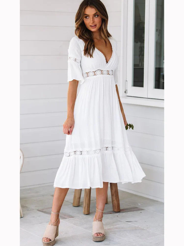 2024 V Neck Lace Splice Boho Midi Dress