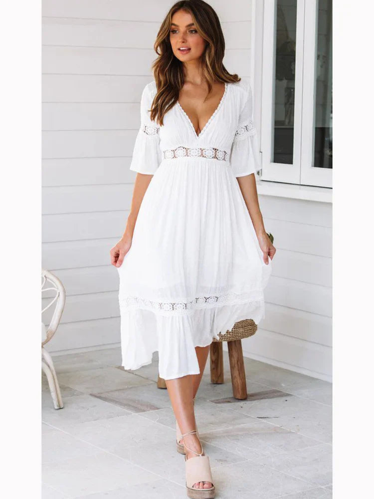2024 V Neck Lace Splice Boho Midi Dress