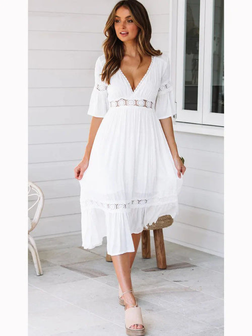 2024 V Neck Lace Splice Boho Midi Dress