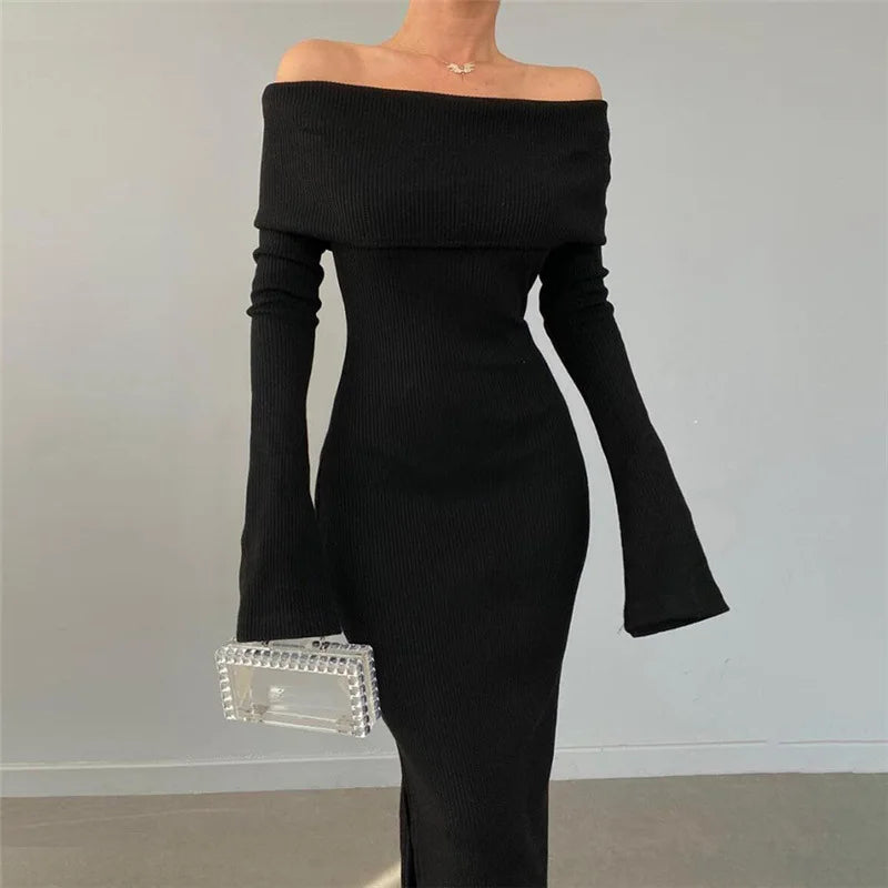 OffShoulder Lapel Neck Long Sleeve Maxi Dress
