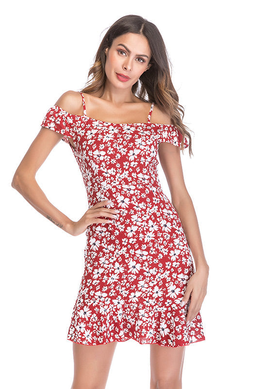 Little Fresh Floral Ruffled Off-the-shoulder Casual Dress - Mislish