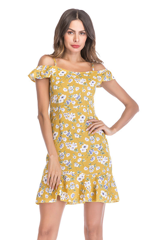 Little Fresh Floral Ruffled Off-the-shoulder Casual Dress - Mislish