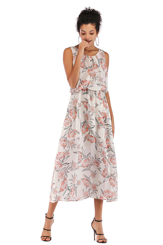 Little Fresh Wide Strap Elastic Waist Floral Dress - Mislish