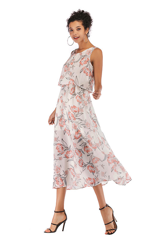 Little Fresh Wide Strap Elastic Waist Floral Dress