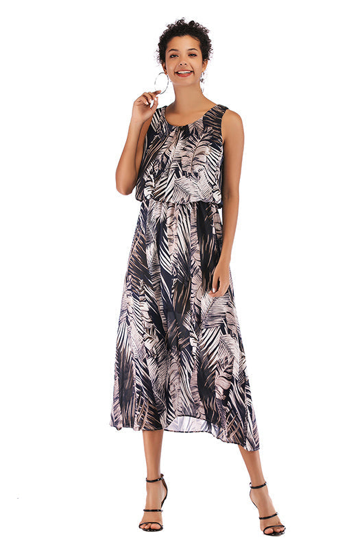 Little Fresh Wide Strap Elastic Waist Floral Dress - Mislish