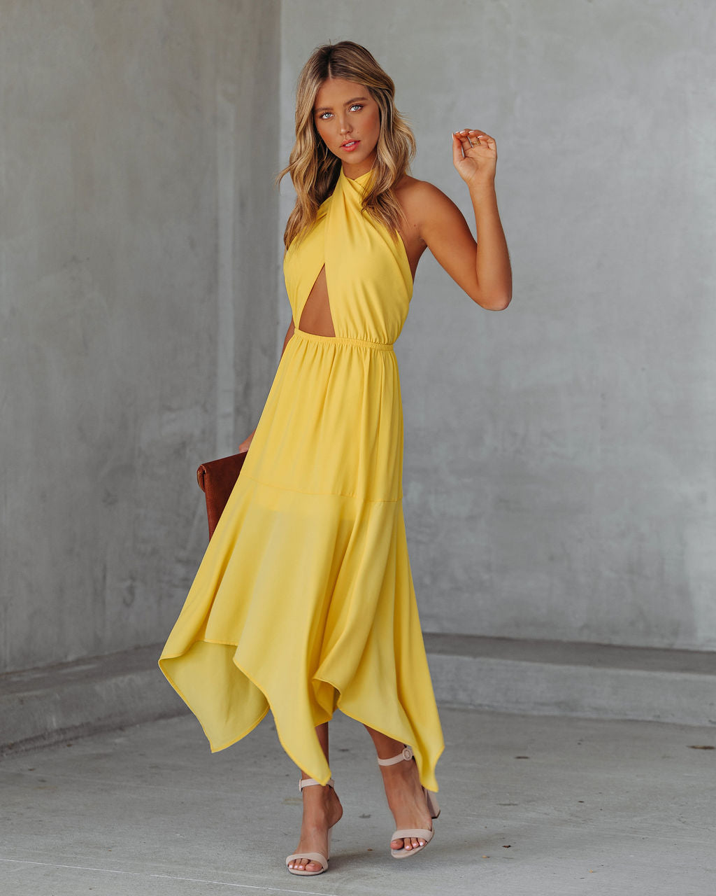Marisol Halter Cutout Midi Dress Sunny Yellow