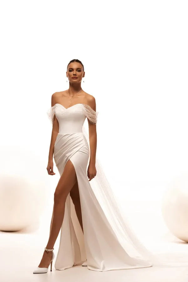 Classy Long Satin Off Shoulder Wedding Dresses with Slit Mermaid Pleated Lace Up Back Sweep Train Bridal Gowns