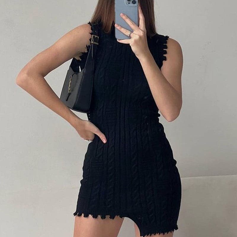 Mini Dress Women Elegant Solid Black Knit Bodycon Dresses