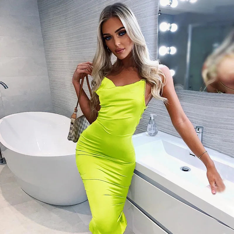 Satin Lace Up Pink Backless Midi Dress