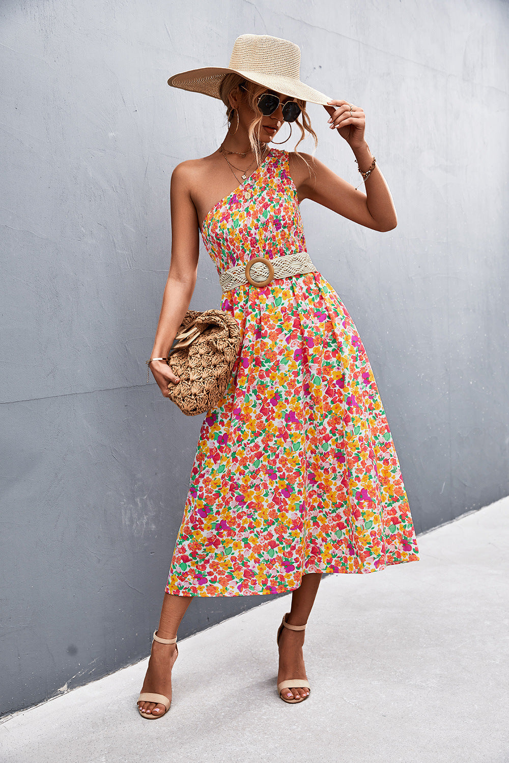 Elysse Floral Belted One Shoulder Midi Dress Salmon