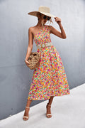 Elysse Floral Belted One Shoulder Midi Dress Salmon