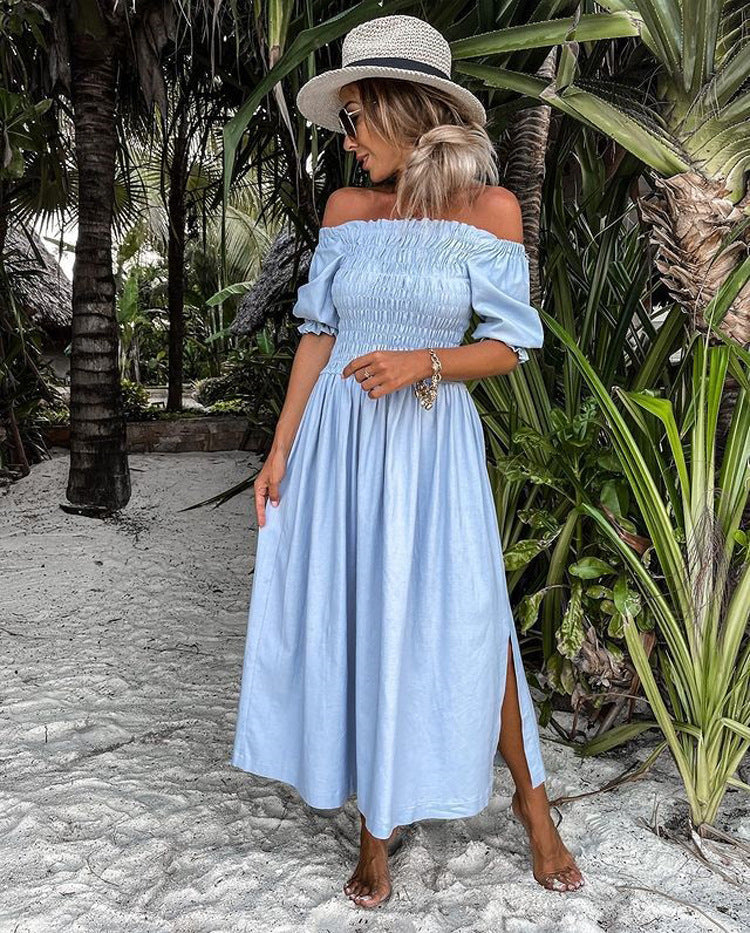 Yen Pocketed Off The Shoulder Smocked Midi Dress Seafoam