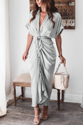 Luv Satin Tie Front Midi Shirt Dress Olive
