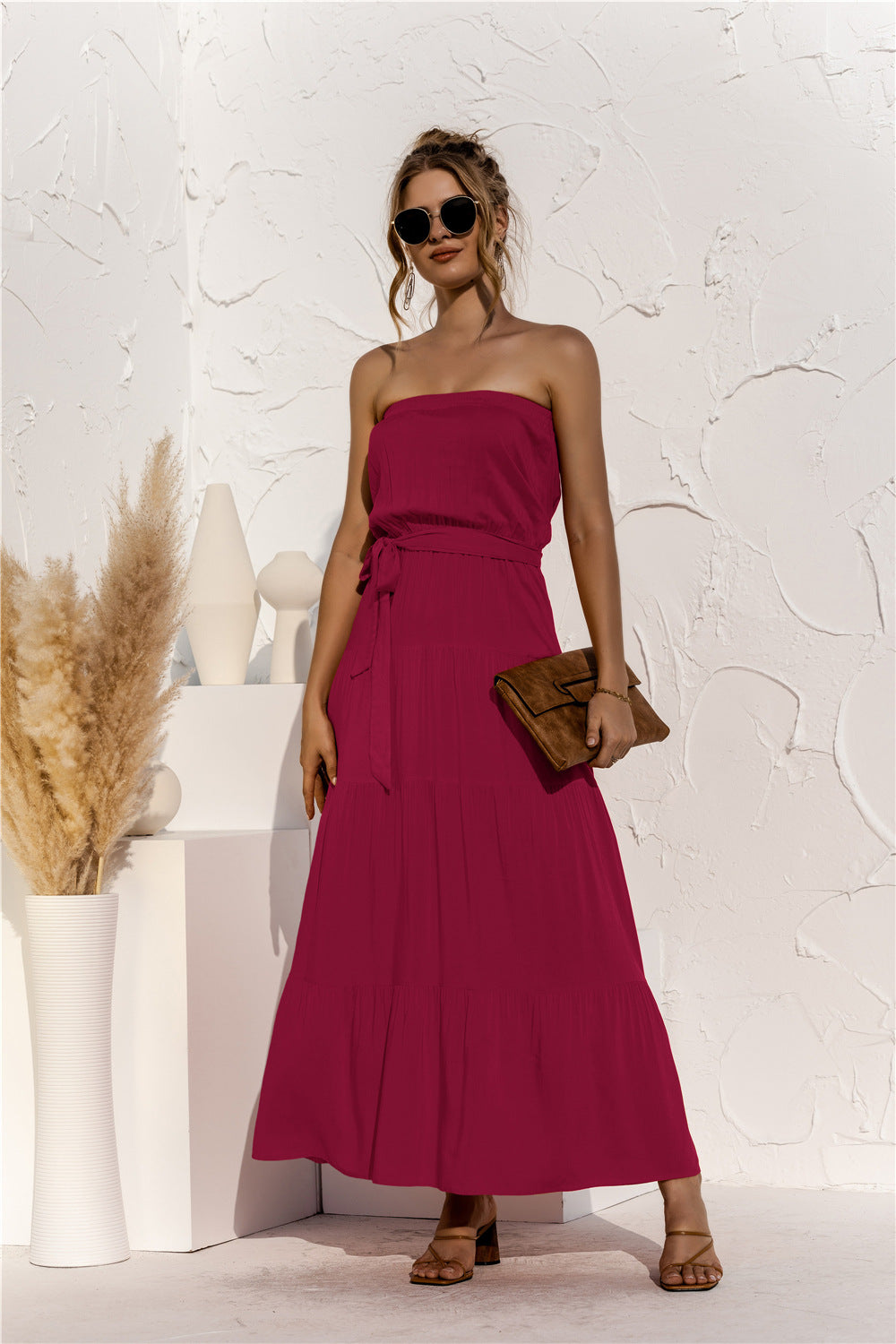 Free Falling Strapless Tiered Maxi Dress Merlot