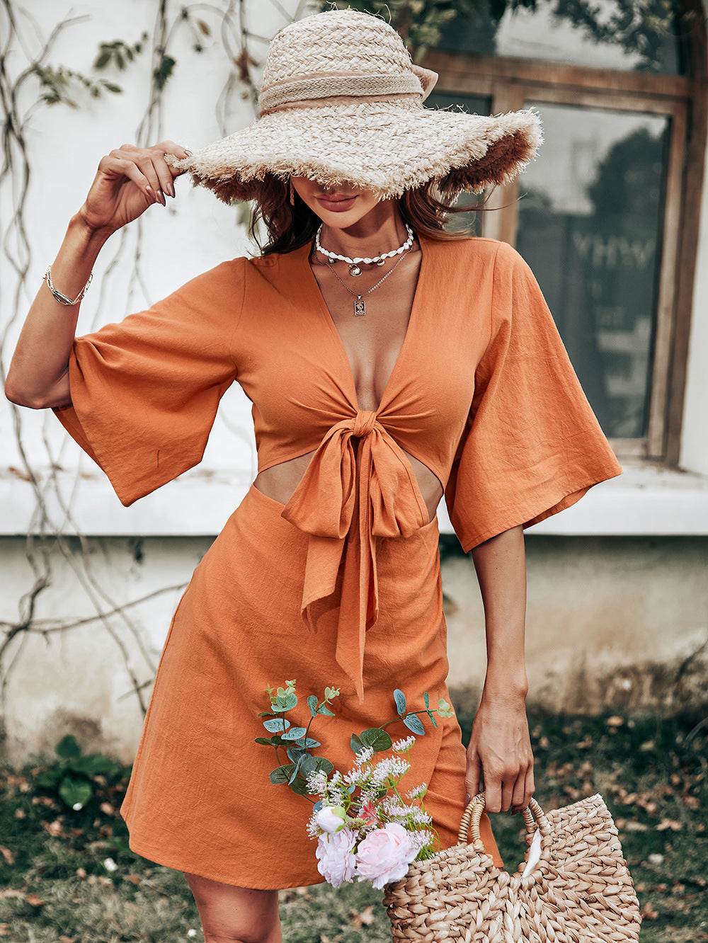 Jenner Linen Blend Tie Front Cutout Midi Dress Orange