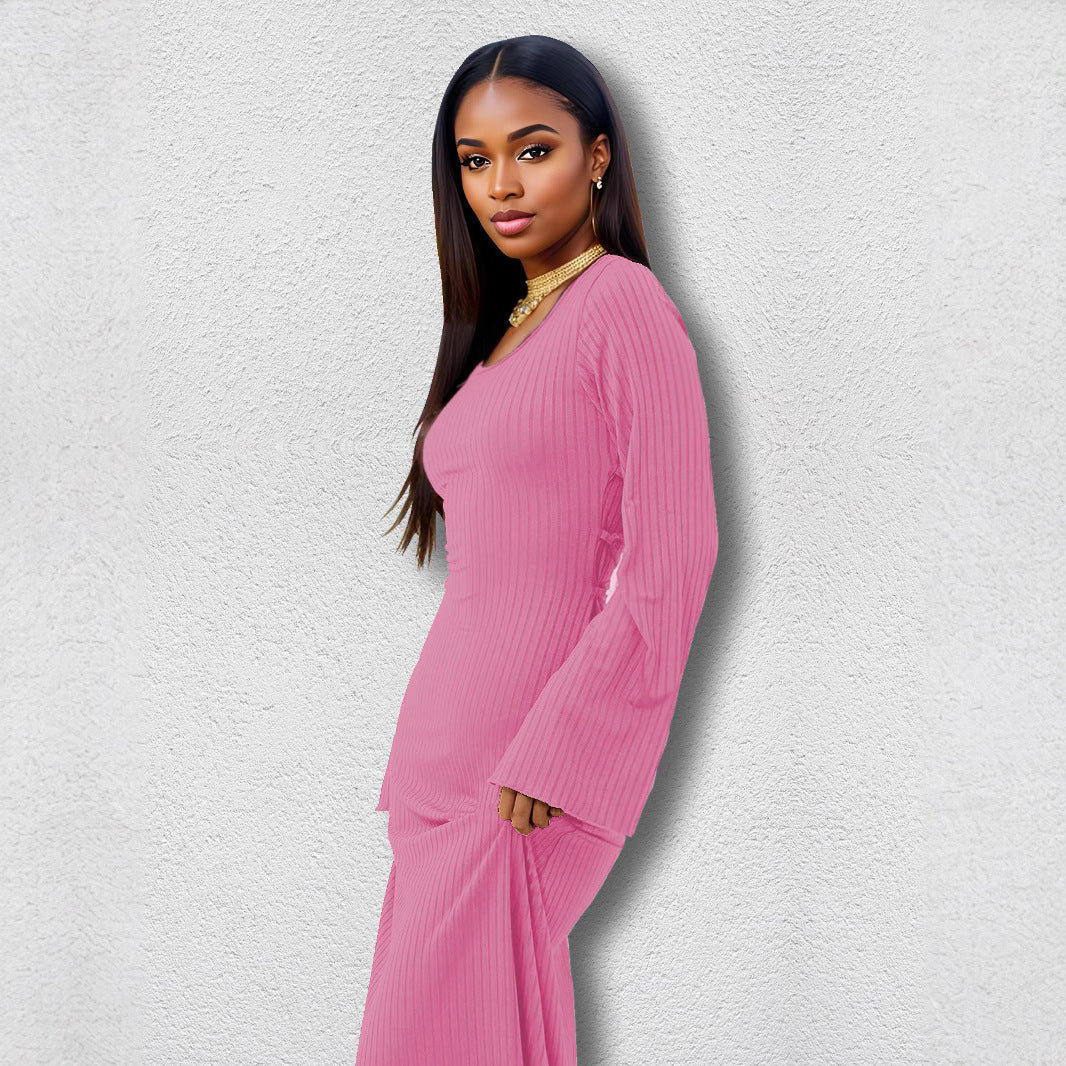 Bandage Big Pit Strip U Neck Long Sleeved Dress
