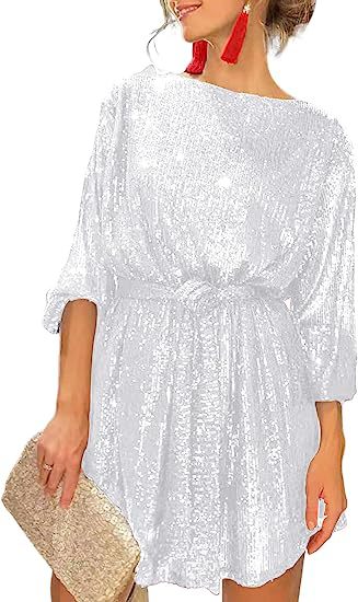 Sequined Round Neck Long Sleeve Casual Loose Beaded Dress