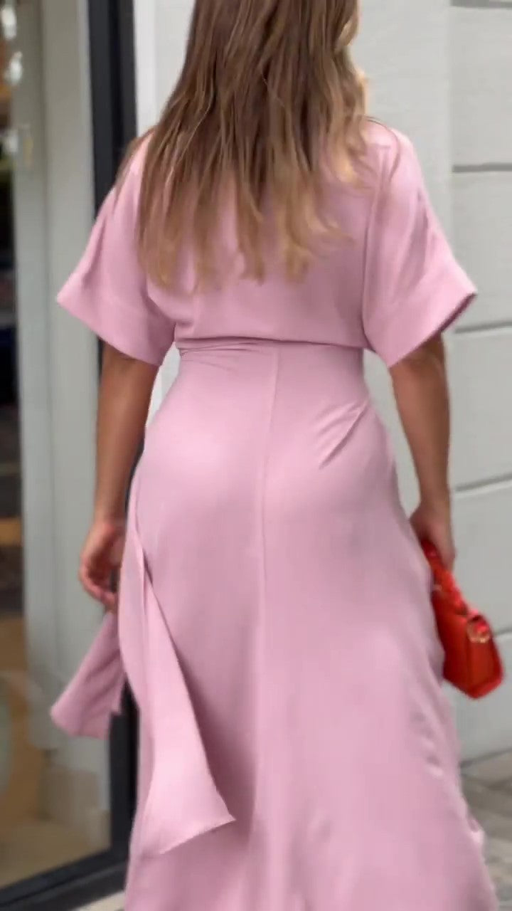 Essence Satin Tie Front Midi Shirt Dress Lavender