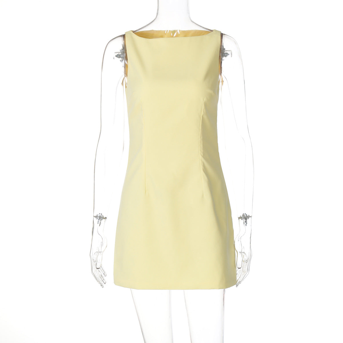 Solid Color Double Layer Woven Sleeveless Back Zipper Short Slim Fit Dress
