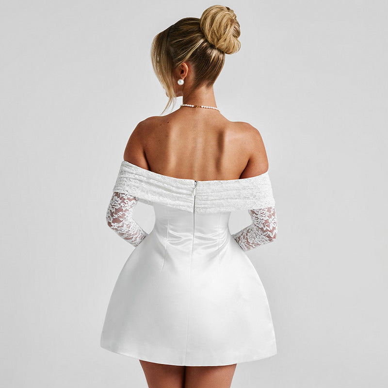 lothing off Neck Lace Stitching Long Sleeve Waist A line Dress