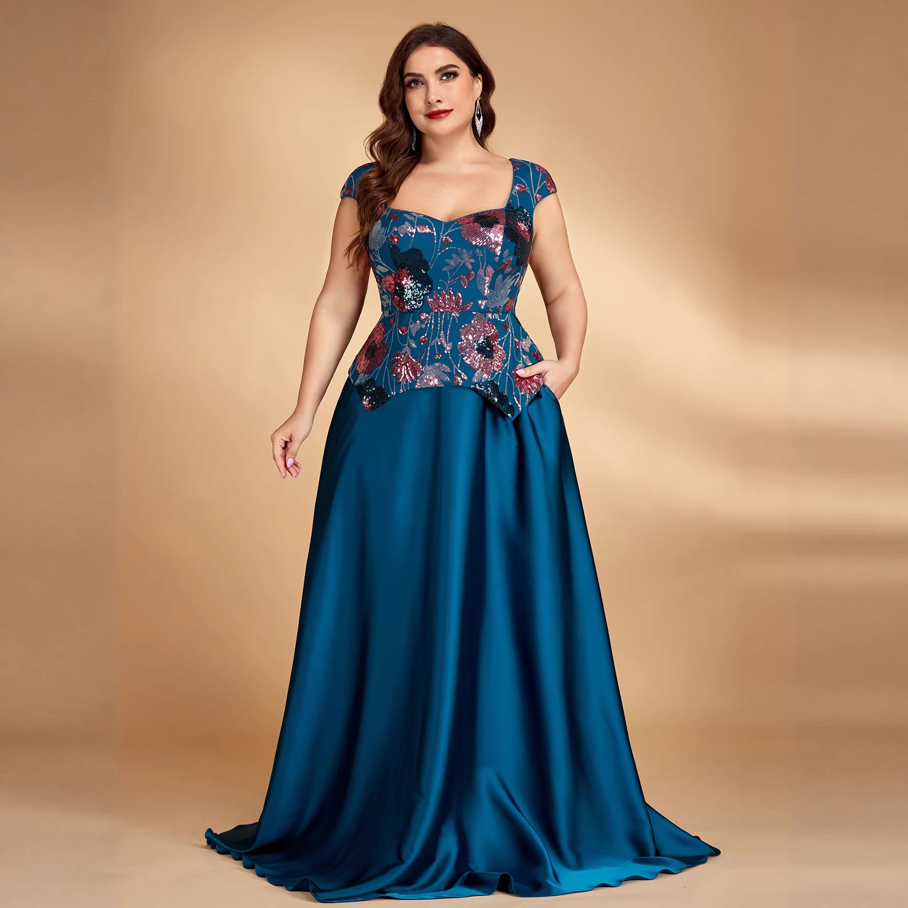Elegant Sequin Embroider Stitching Satin Square Collar Cocktail Dress Bridesmaid Dress Women