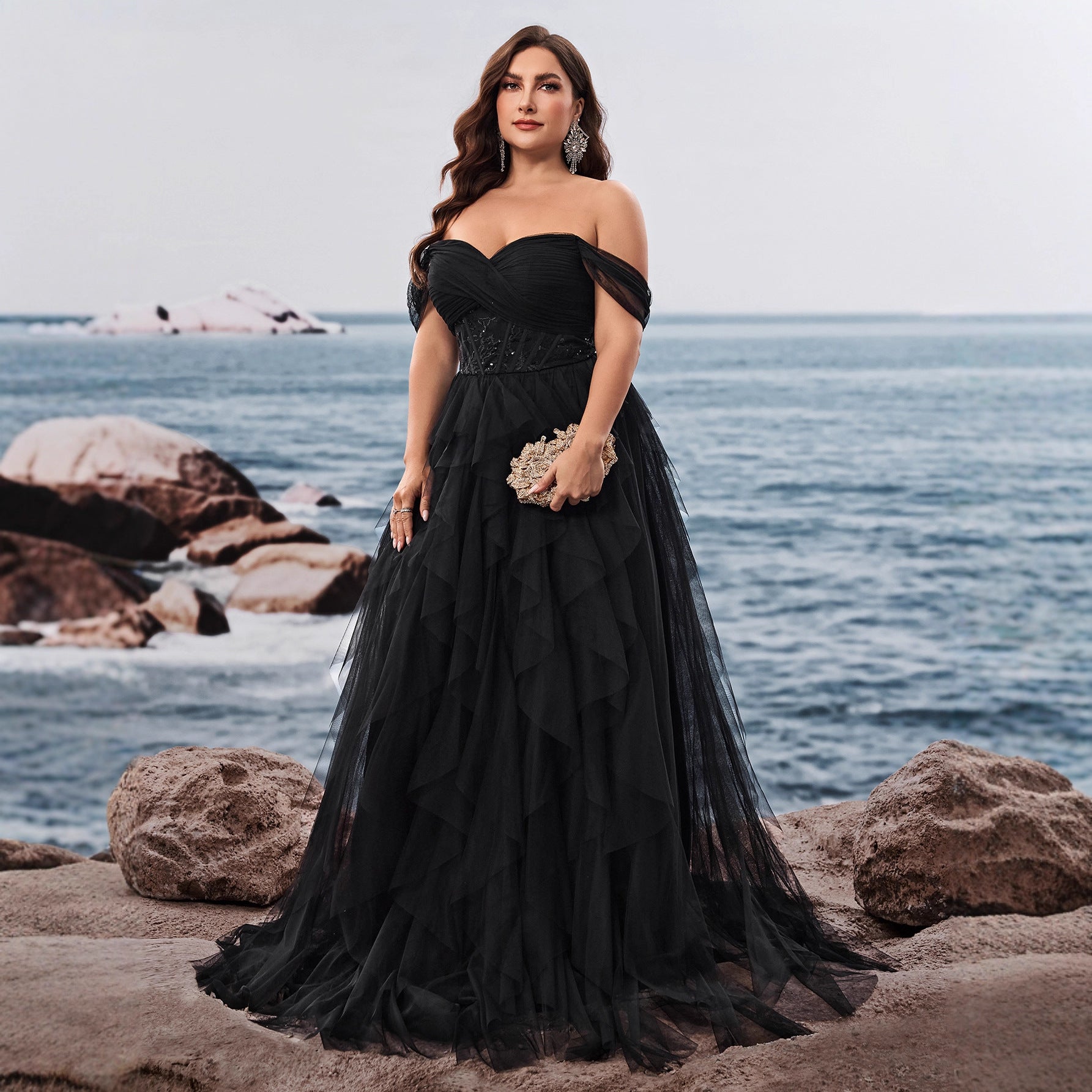 Plus Size Clothes Elegant Cold Shoulder Elegant Cocktail Party Dinner Dress Luxury Bridesmaid Graduation Dress Tiered Dress