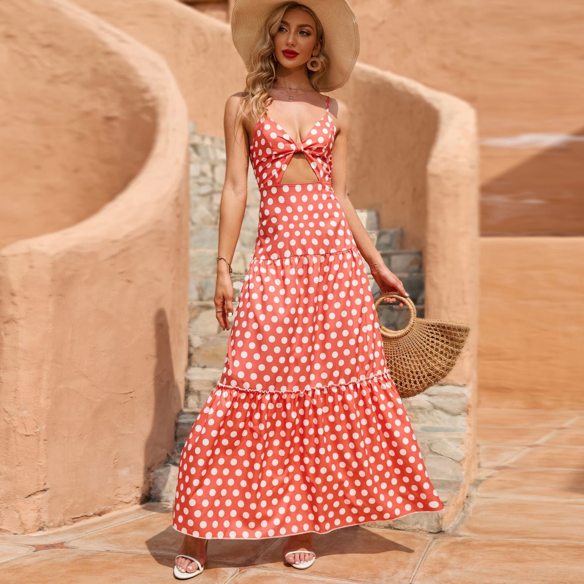 Torrie Polka Dot Tie Front Maxi Dress Rust FINAL