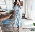 Essence Satin Tie Front Midi Shirt Dress Steel Blue