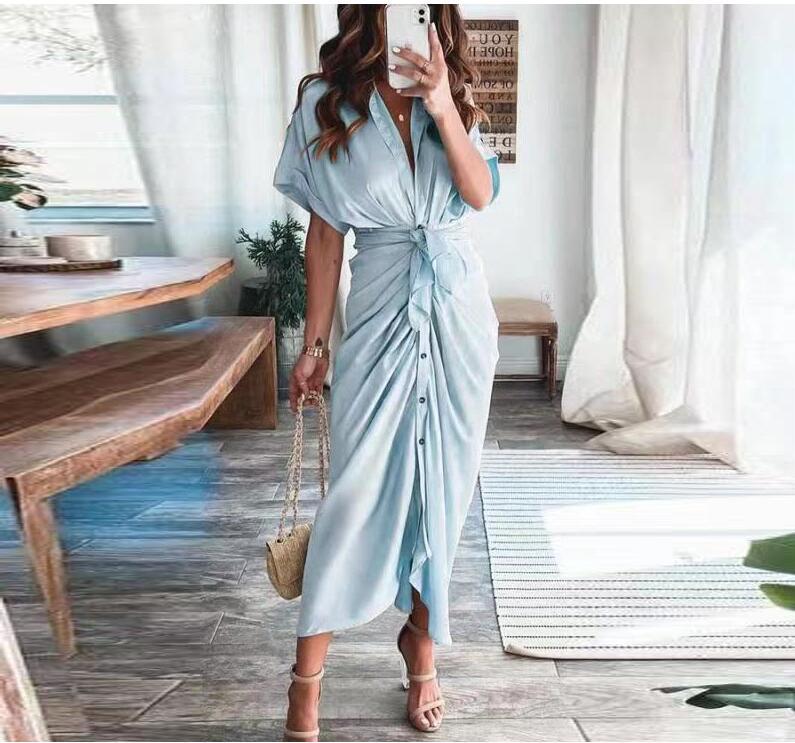 Essence Satin Tie Front Midi Shirt Dress Steel Blue