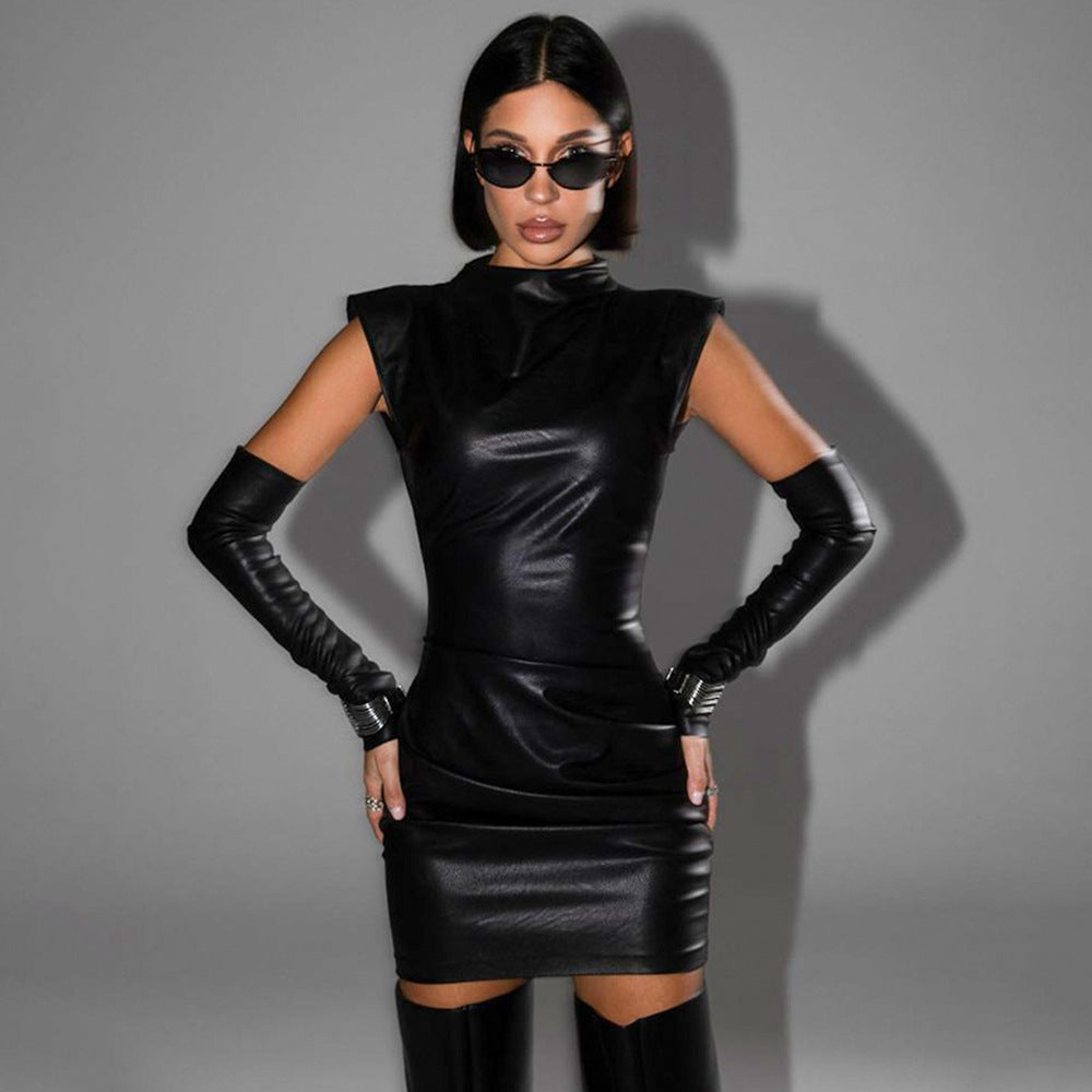 Street Hipster Faux Leather StCollar Sleeveless Oversleeve Sheath Pleated Dress