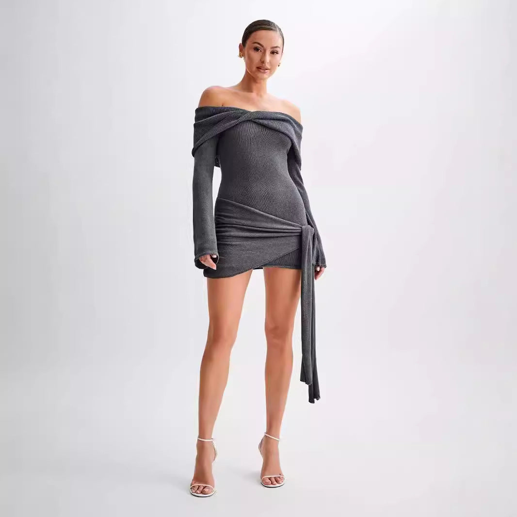 Sidony Waist Knot Off Shoulder Knitted Mini Dress