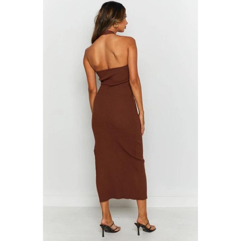 Cotton Cutout Halter Midi V Neck Dress