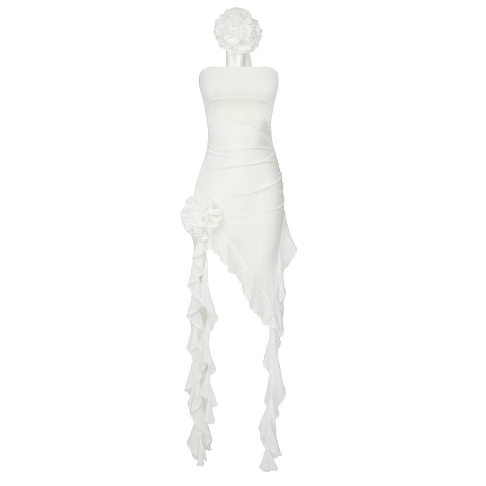 White Net Yarn Floral Ribbon Strapless Dress Blue Chiffon Dress