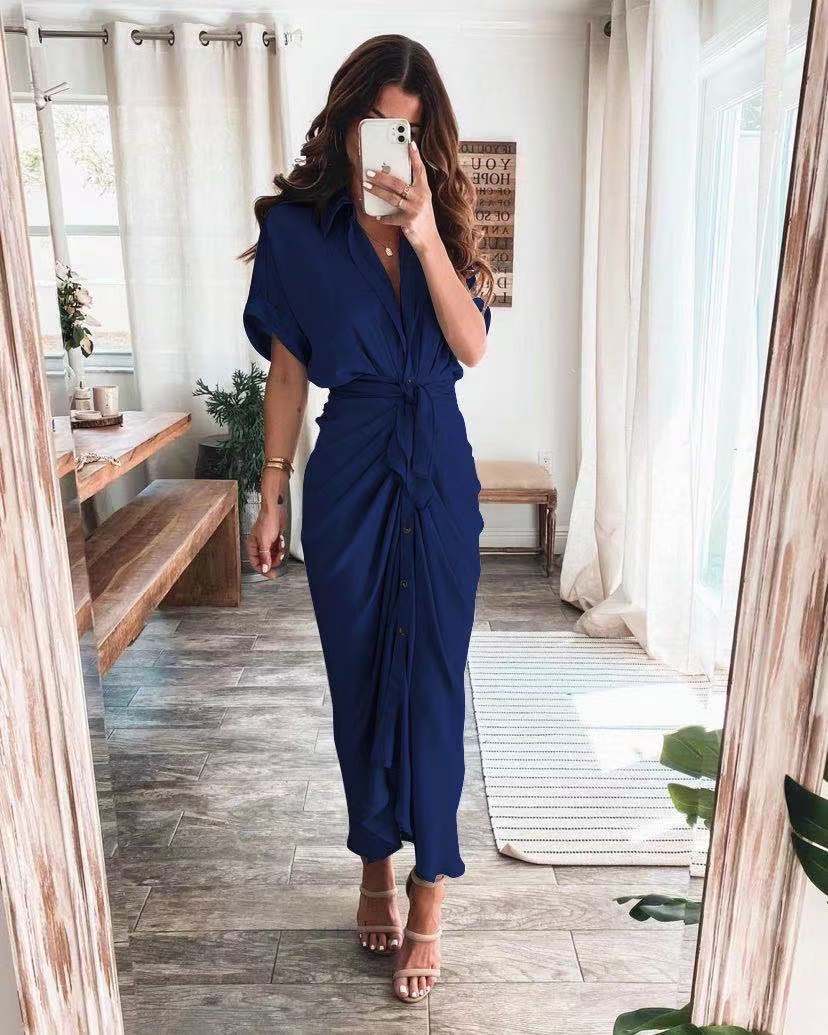 Luv Satin Tie Front Midi Shirt Dress