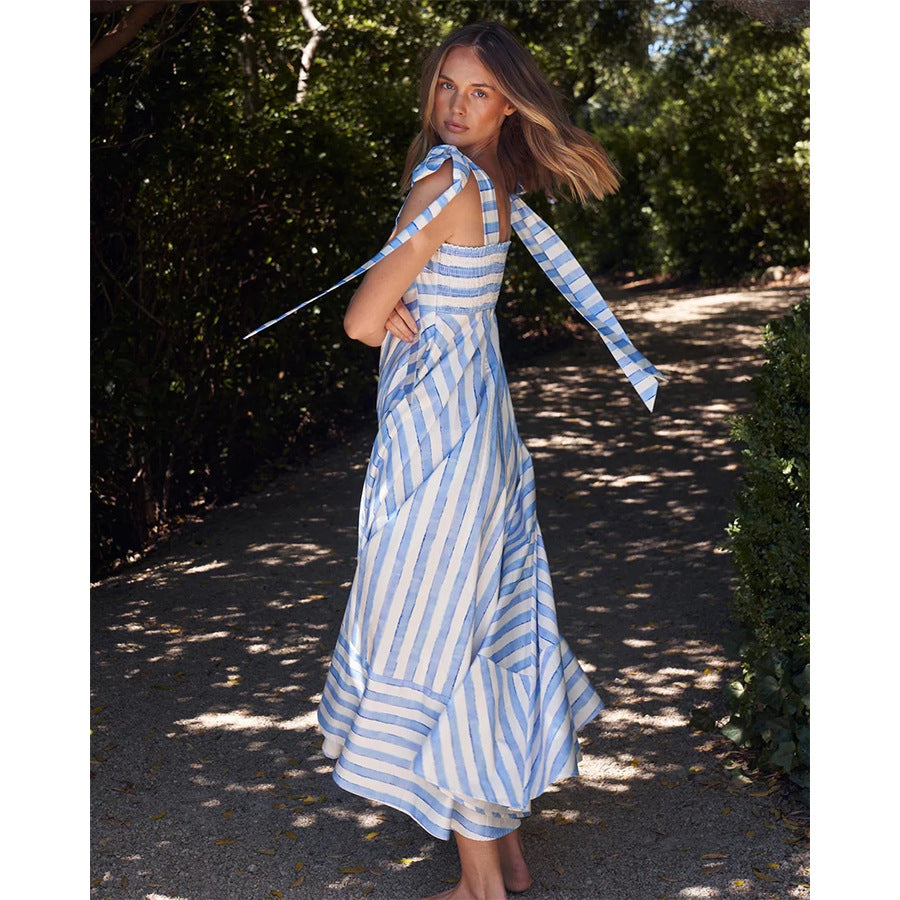 Striped Print Fresh Sweet Lace Up Large Swing Dress