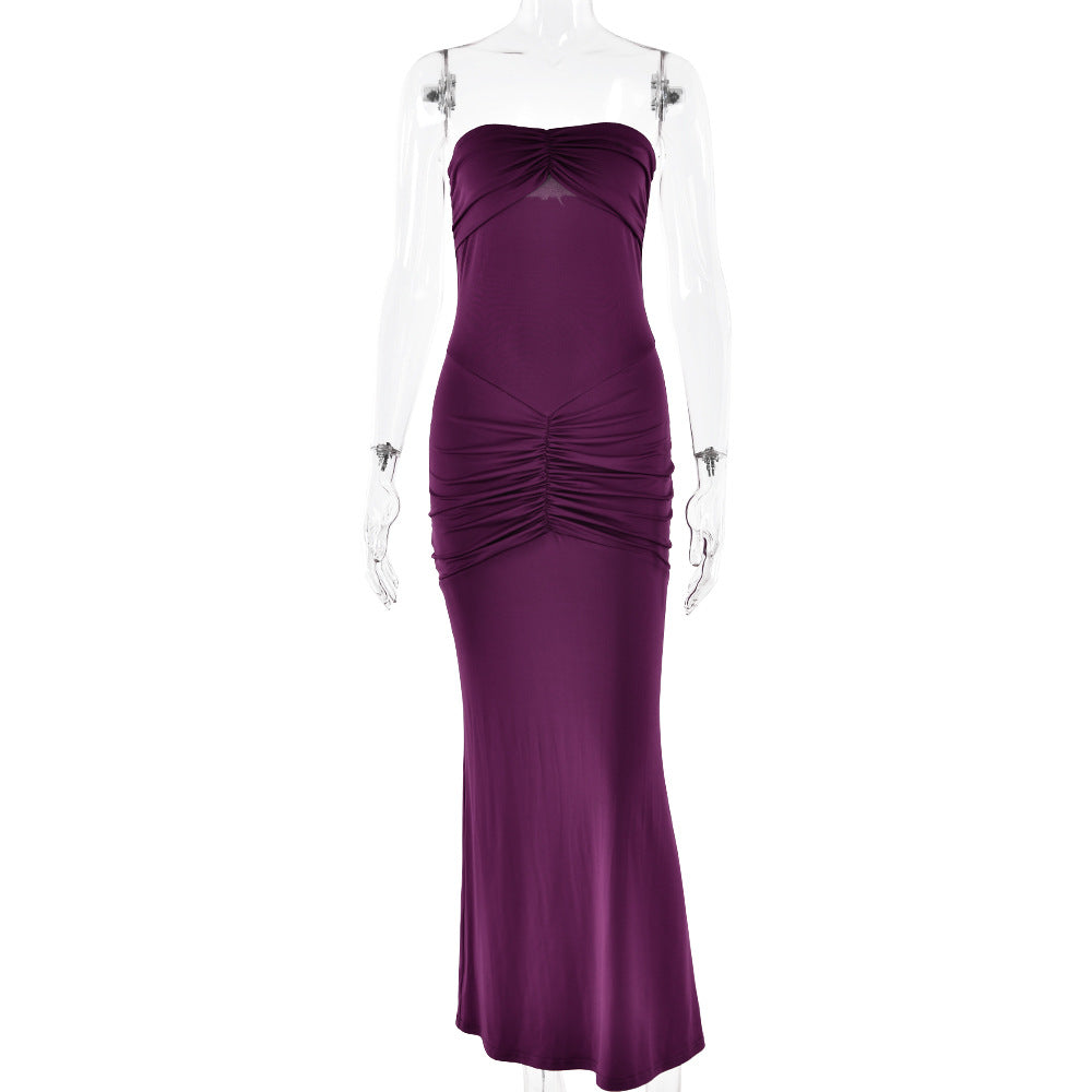 Tight Tube Top Backless Pleated Solid Color Dress Evening Dress