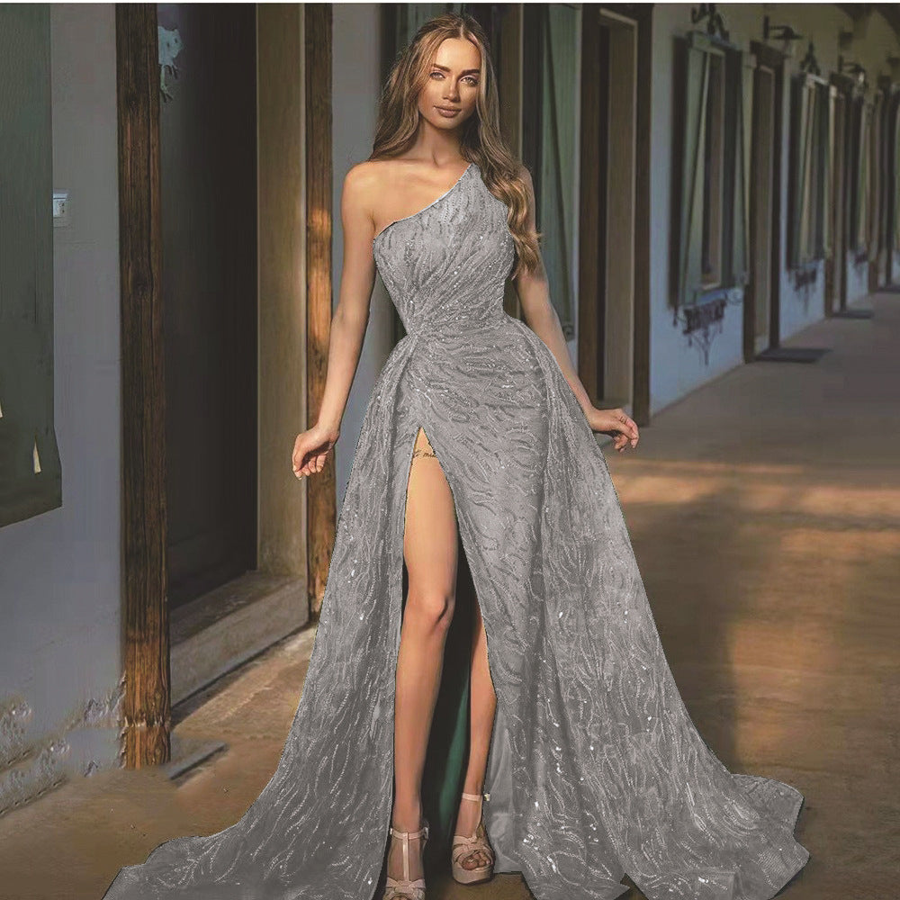 off Shoulder Split Maxi Dress Toast Dress Sequin Sling Evening Dress