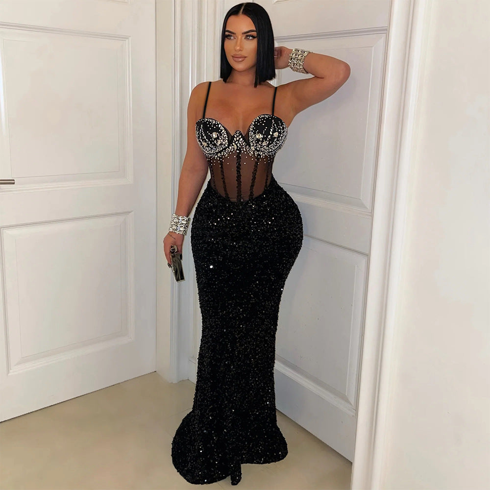Velvet Sequined Party Dress Dress Rhinestone Strap Dress Sheath