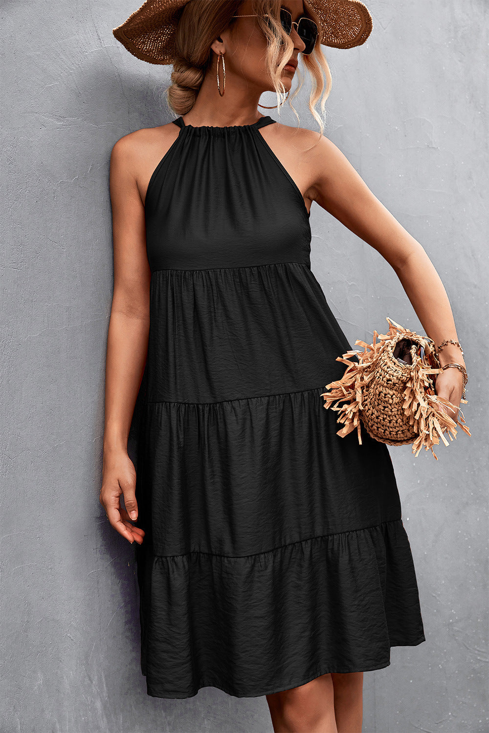 Southern Nights Tiered Halter Dress Black