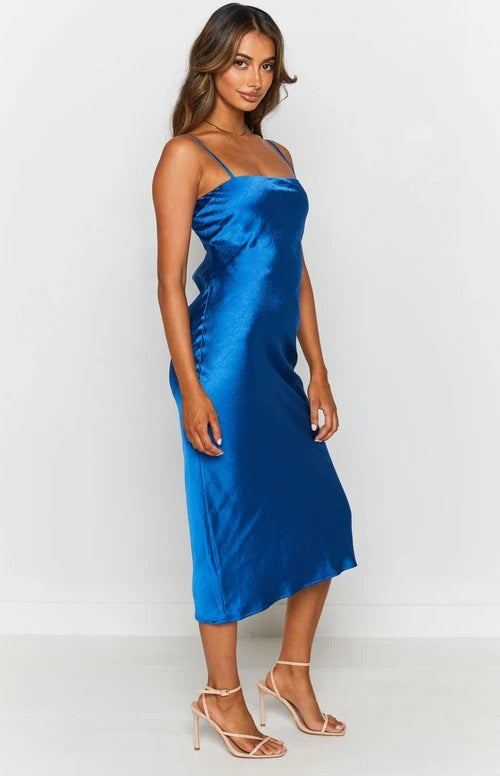 Night To Remember Satin Maxi Dress Robin Blue