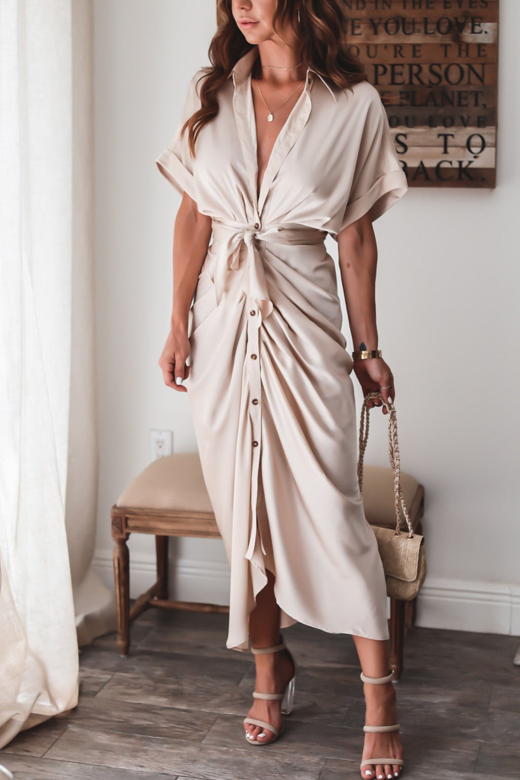Luv Satin Tie Front Midi Shirt Dress Champagne