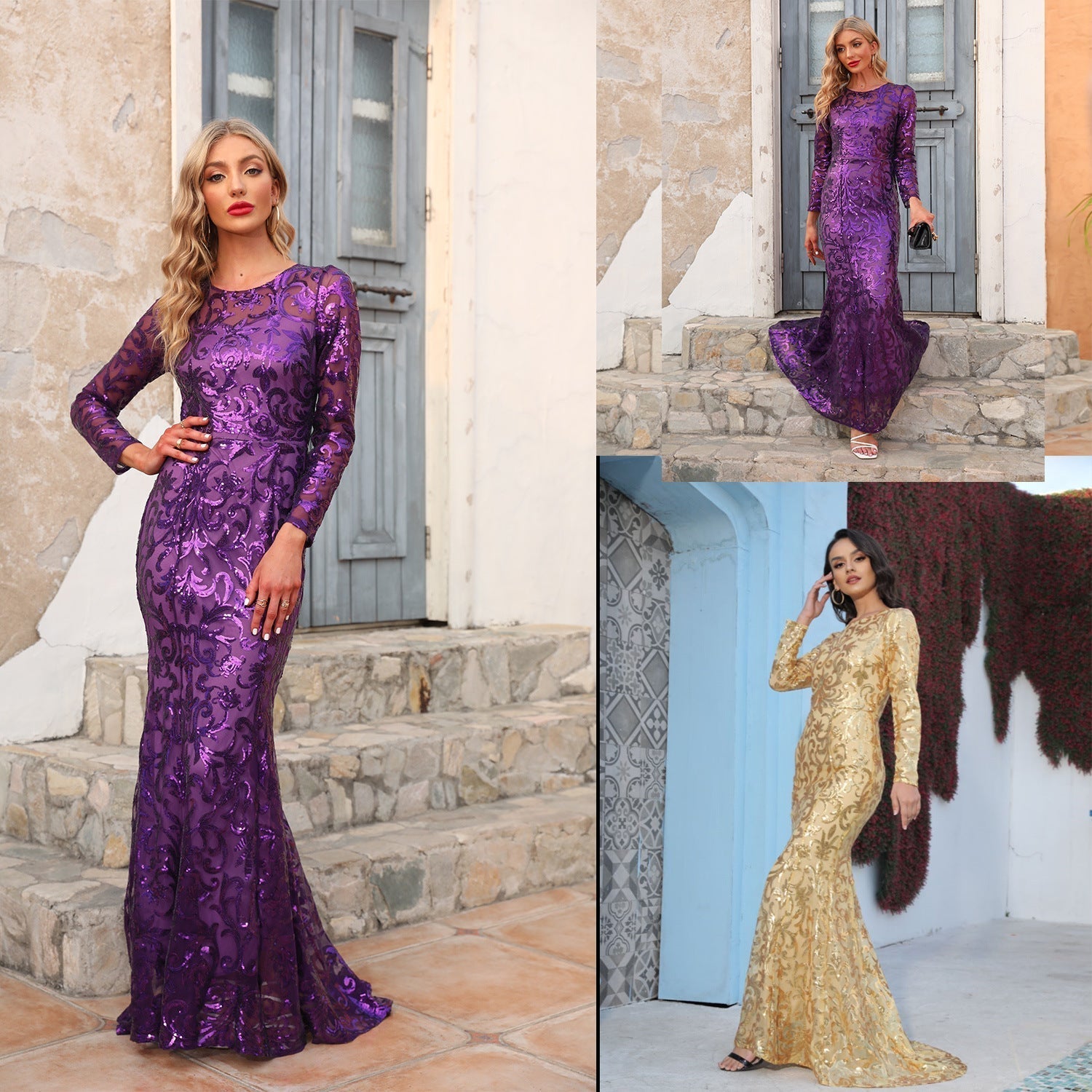 Sequined Dress Purple Crew Neck Long Evening Dress Long Sleeve Dress