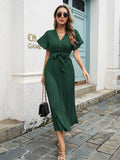Josefa Satin Pleated Midi Dress Emerald FINAL