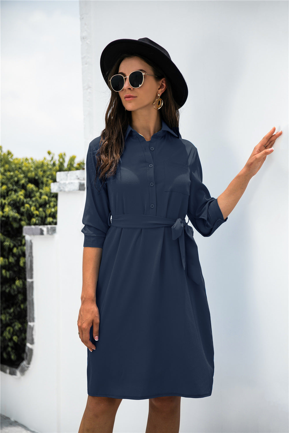 Office Chic Button Down Shirt Dress Navy